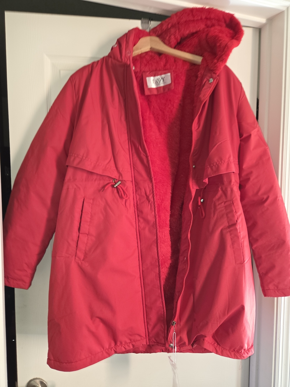 Women's Red Hooded Plush-Lined Puffer Parka